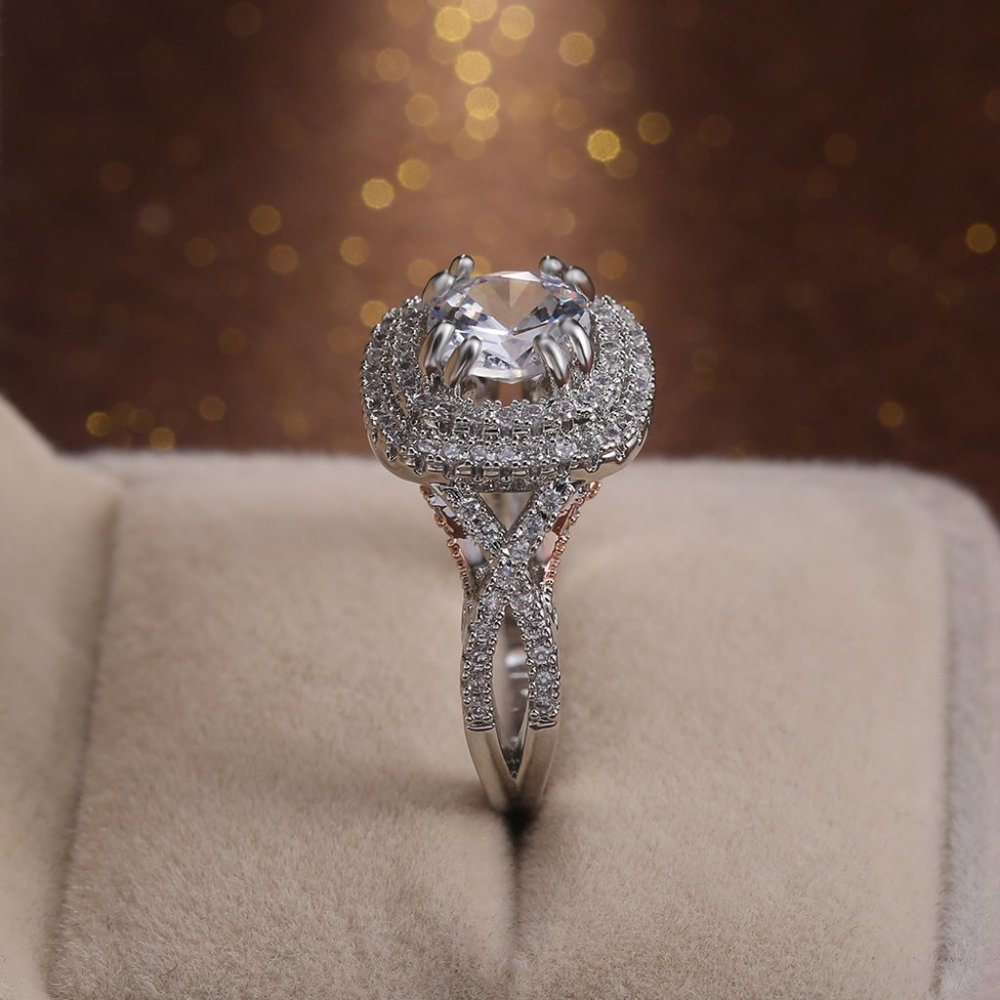NEW two tone rose gold silver round double halo pave engagement ring - Picture 7 of 7